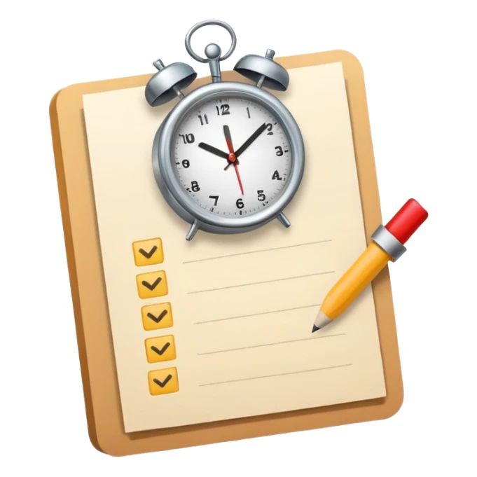 minimal modern emoji-style icon for 'What to Expect' in test prep, a document with checkboxes and a clock, clear, suitable for educational materials sticker