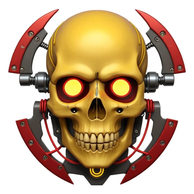 Cyberpunk shield, skull with cybernetic implants, glowing wires, dark yellow and red tones, no background sticker