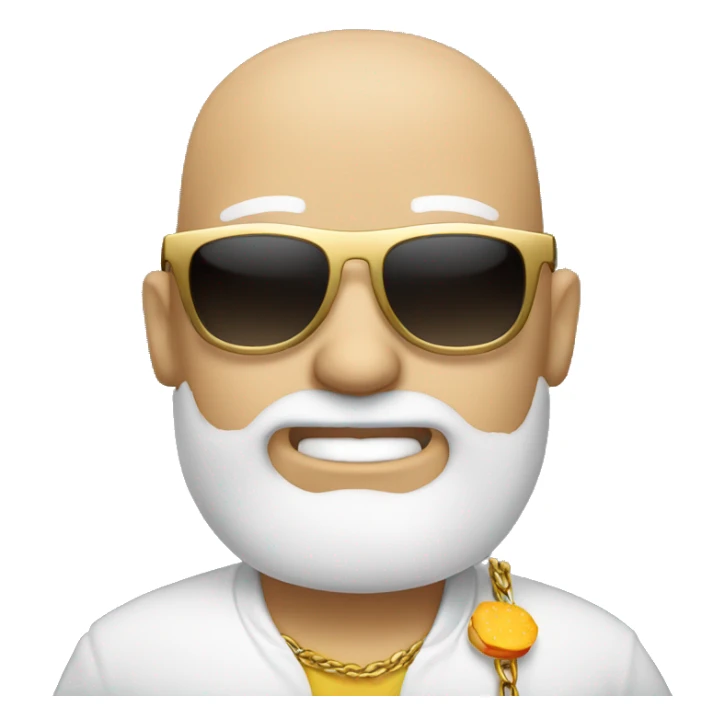 A white man that’s bald with a beard wearing sunglasses and a gold chain holding a hamburger  sticker