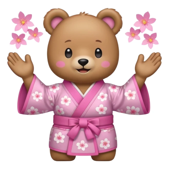 A cute light-brown bear wearing a pastel pink sakura-patterned kimono, normal balanced body ratio.  
Clapping hands cheerfully with a big bright smile and small spark effects around.  
Kawaii emoji style, minimalistic clean sticker illustration, white background.
 sticker