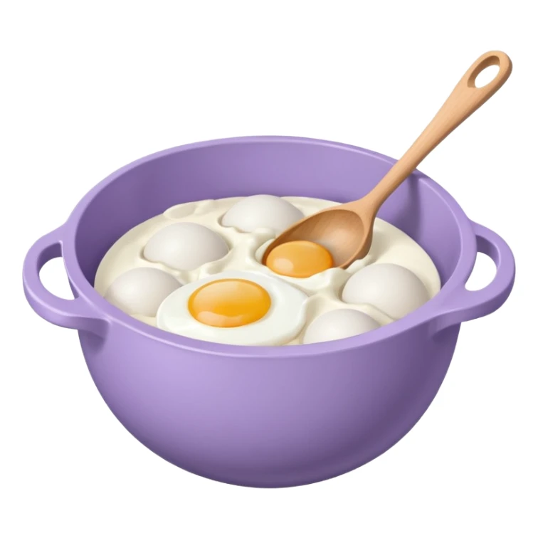 a lilac ceramic mixing bowl with a wooden spoon stirring and sitting next to it is a dozen eggs with the carton lid open sticker