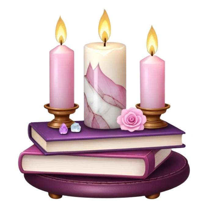 Aesthetic candles, flower petals, books, marble stand, gemstones sticker