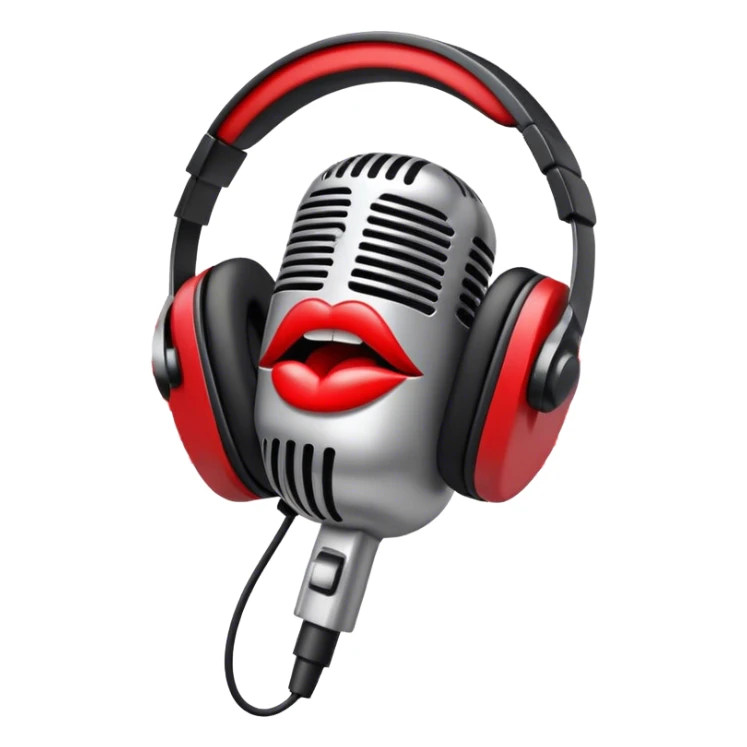 Create a dynamic and energetic emoji that represents beatboxing. The design should feature a stylized microphone with lips and sound waves emanating from it, symbolizing vocal percussion and rhythm. Add elements like headphones or a subtle speaker to emphasize the music production aspect. Use bold colors like black, white, and red to convey the intensity and creativity of beatboxing. The background should be transparent. sticker