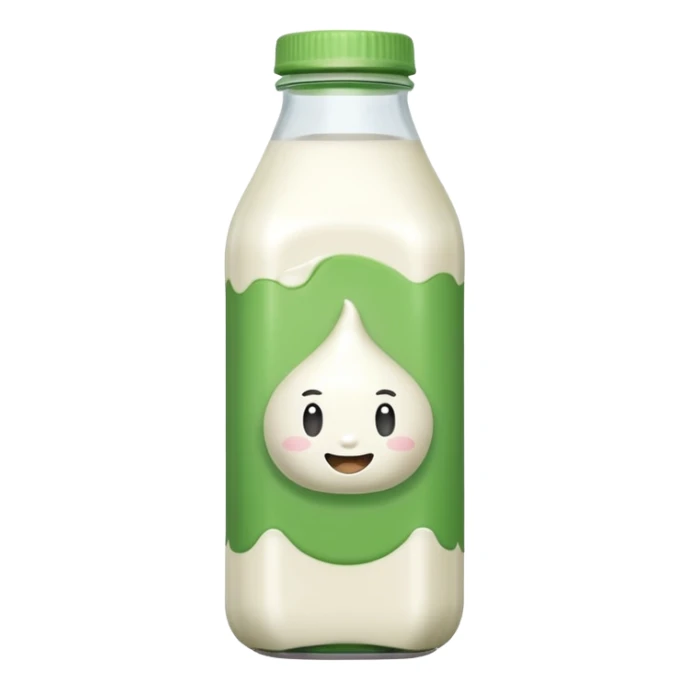 A 3D cartoon bottle of plant-based milk identical to dairy milk, small green tint or leaf mark, Memoji-style. sticker