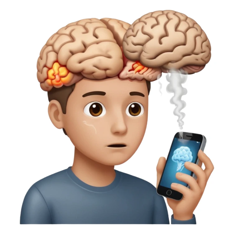 human gazing at a phone with brain melting or emitting smoke sticker