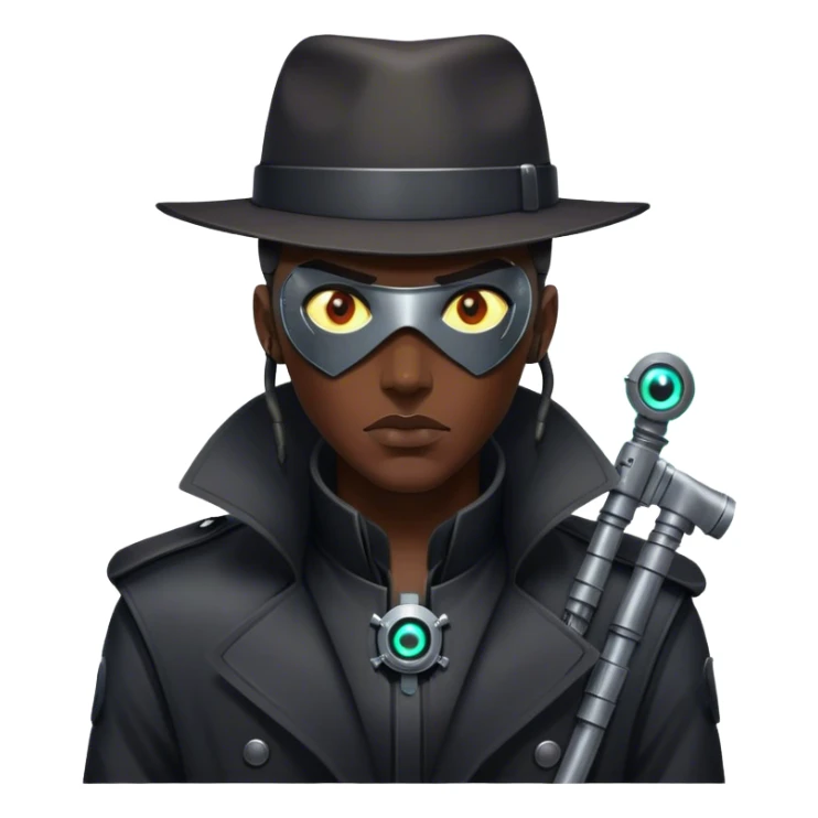 A dystopian bounty hunter, black trench coat, cybernetic eye glowing sticker