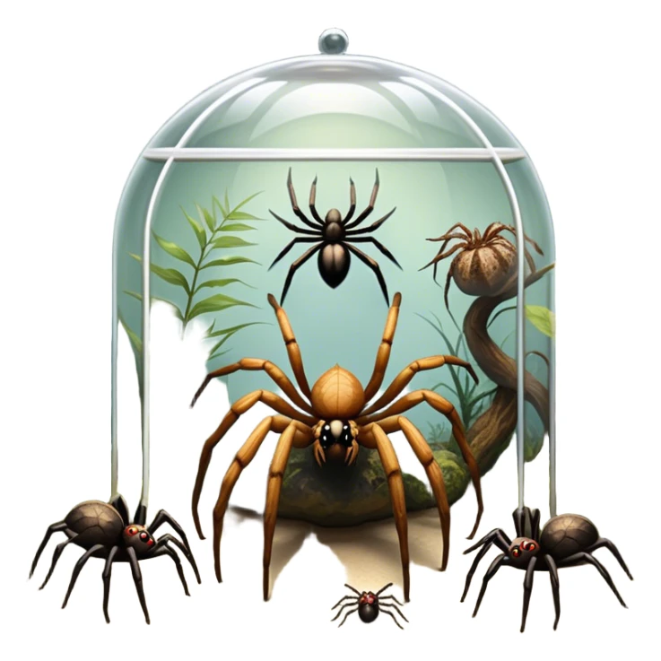 Collage of various spiders, including tarantulas and other exotic species, inside a  terrarium with webs and natural décor. Close-up shots of their intricate legs, eyes, and fuzzy bodies. Soft lighting, transparent background. sticker