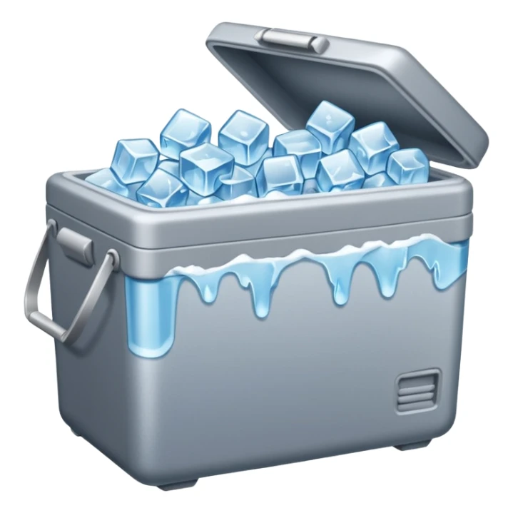 An open gray cooler getting dumped out with a bunch of ice spilling out sticker