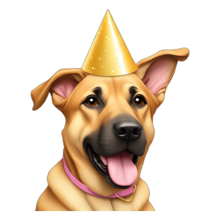 German shepherd tan Pitt bull floppy ears mixed dog wearing birthday hat sticker