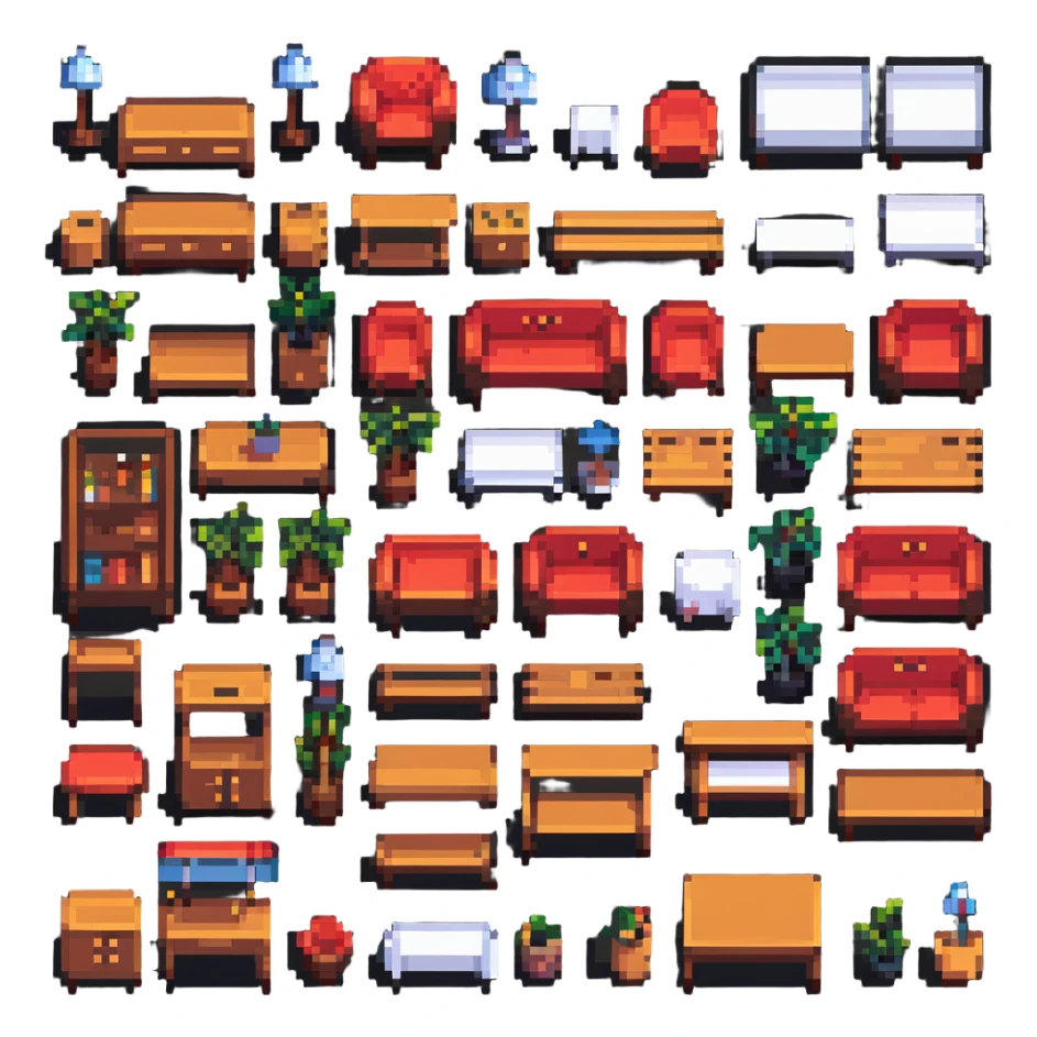 detailed furniture elements in pixel art style sticker