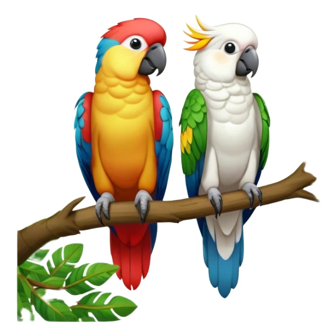 Close-up of colorful parrots Ara and Cockatoo Inca perched on tree branches, surrounded by lush greenery. Bright, vivid feathers contrast with the natural background of trees, leaves, fruits. Soft natural light, enhancing vibrant colors. Transparent background. sticker