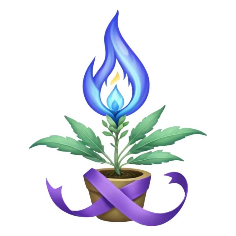 Blue flame enveloping a green sage sprout surrounded by a purple ribbon sticker