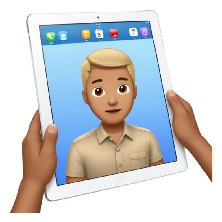 An iPad lying on a desk. On the iPad screen, a video is playing. The video shows a man talking to camera.  sticker