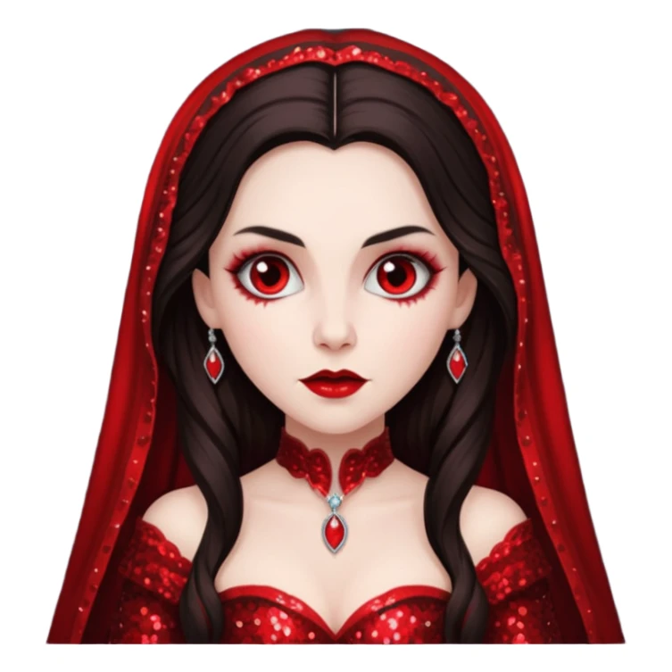 Bride of Dracula with long dark brown hair, red sequin outfit sticker