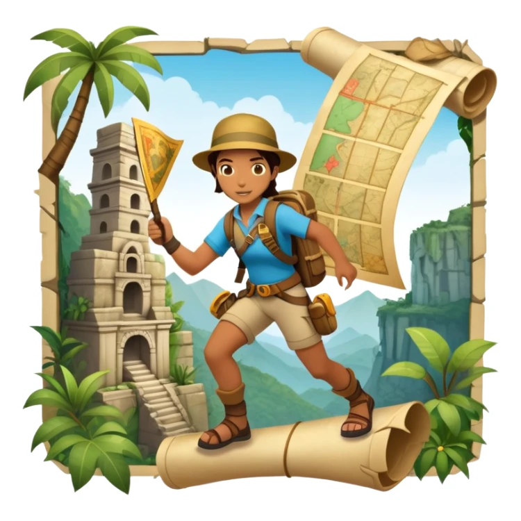An icon featuring an adventurer in a dynamic action pose with treasure map, ancient ruins and jungle landscapes in the background. The design includes clues, hidden passages and climbing gear, symbolizing the thrill of exploration and discovery. Transparent background. sticker
