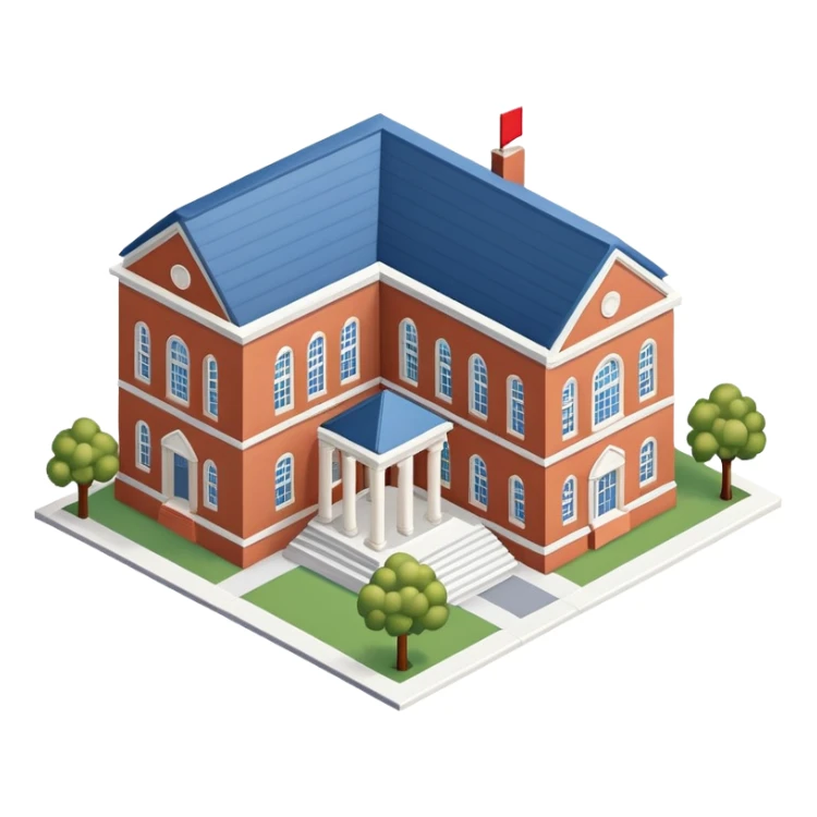 University campus main building, isometric dollhouse-style, realistic sticker