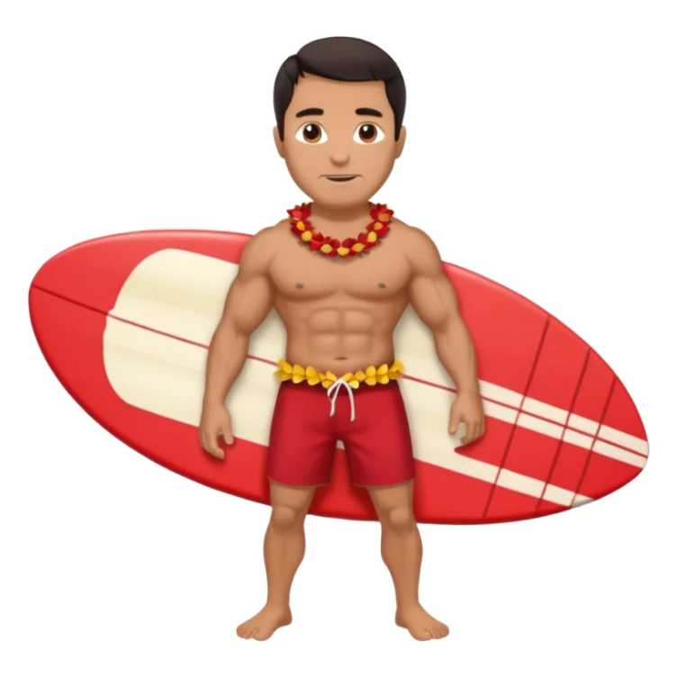 Dark-haired tan muscular 50 year old man with red shorts and shell lei surfing sticker