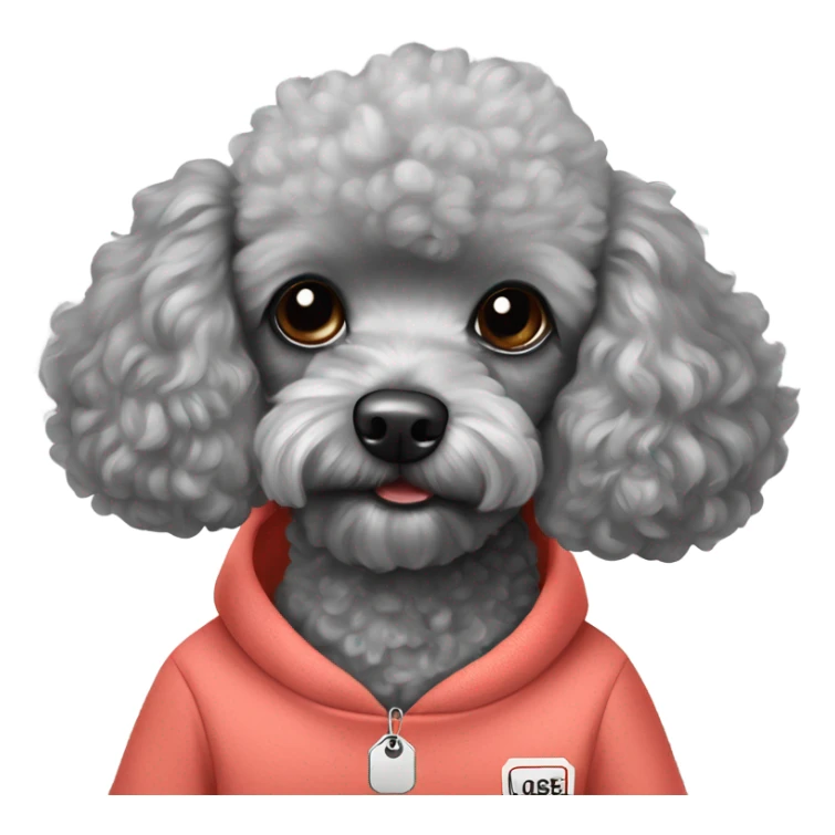 Gray toy poodle with a sweatshirt with the name Louie on his tag sticker