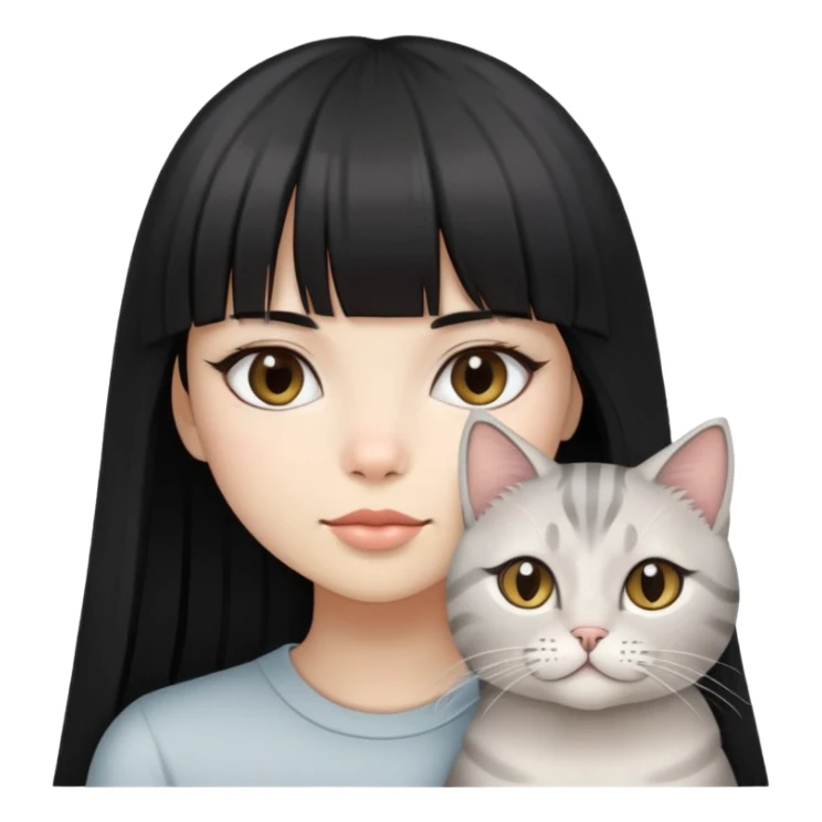 girl with long black  straight bangs hair and two light grey-shared cats sticker