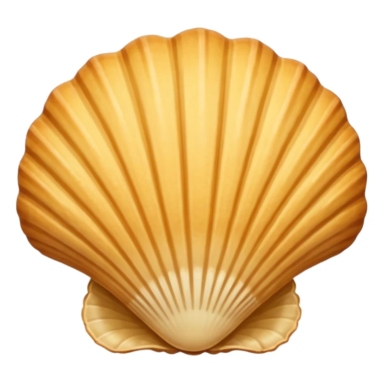 A madeleine pastry. Scalloped seashell shape with four to five vertical lines going in the same direction. Light golden brown. Scalloped edge. Cookie. Flat. Long. sticker