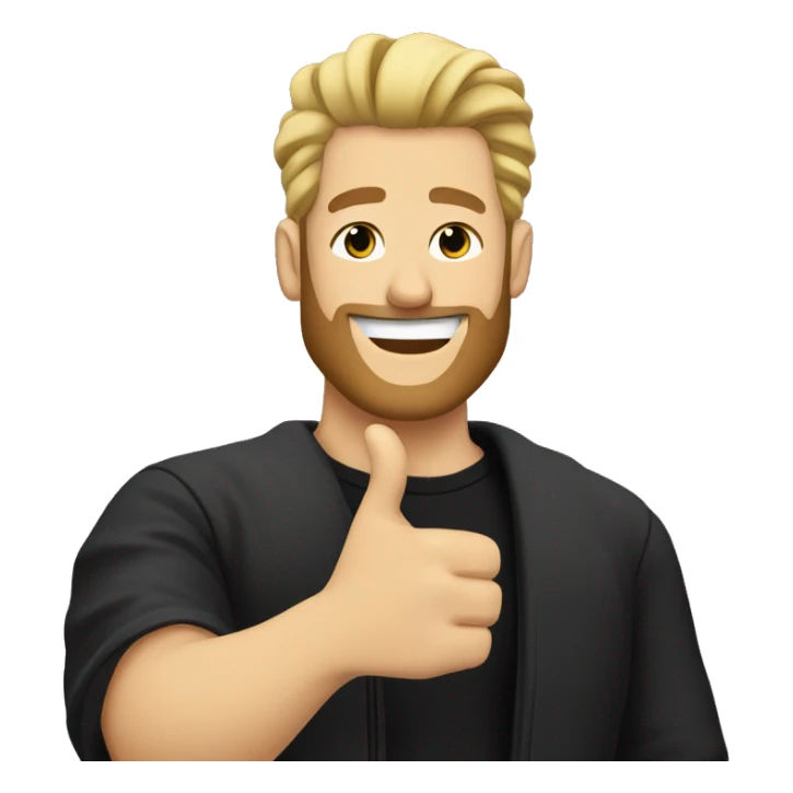 Blonde man with man bun and beard dressed in a black tshirt and black jacket giving two thumbs up and winking sticker