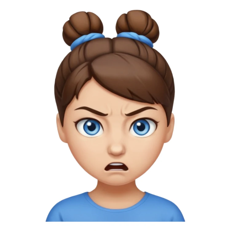 Girl with blue eyes, brown hair in a bun, angry sticker