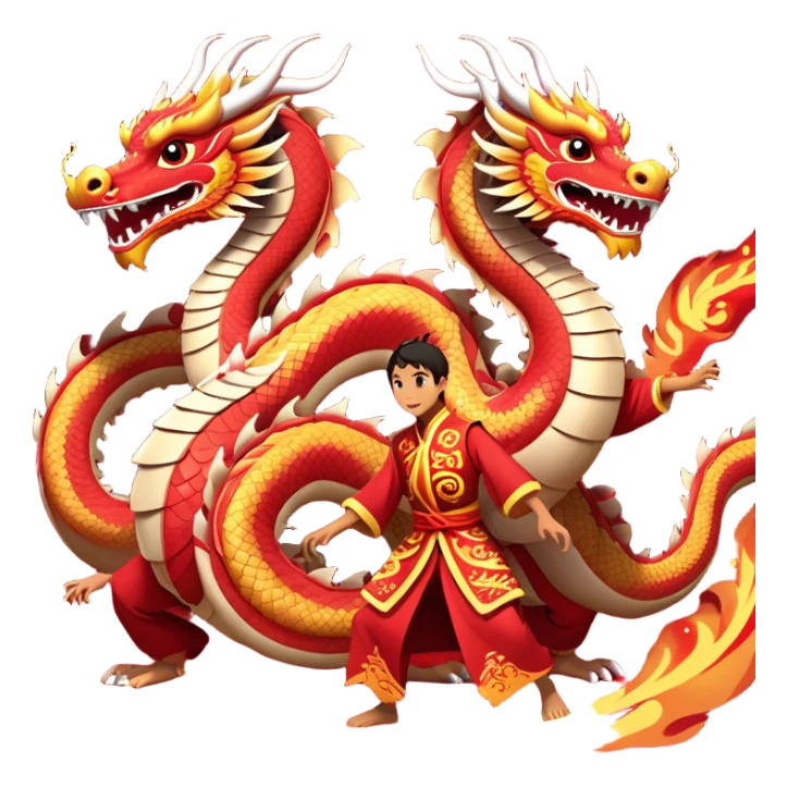 Cinematic Realistic scene of two performers guiding an elaborately designed dragon costume during a Dragon Dance, with vivid traditional patterns and dynamic motion, set under festive, red-tinged lighting sticker