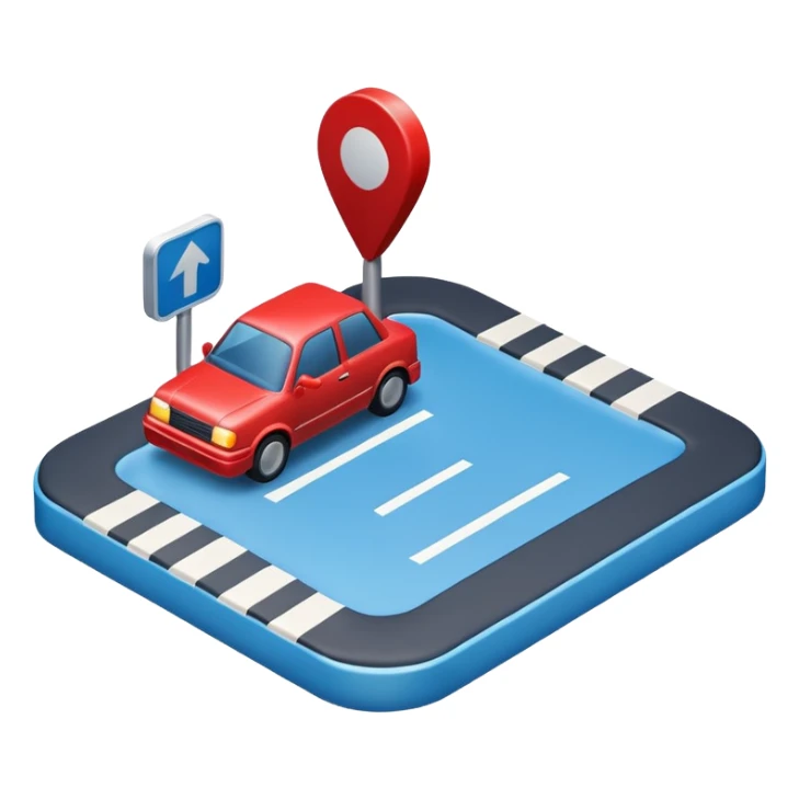 
A 3D minimal icon showing a street route to a destination with a single vehicle, a blue road, and small red accents for alerts. The style is clean, minimal 3D, with a transparent background. sticker