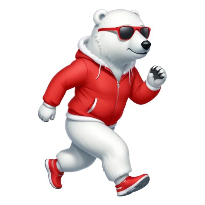 friendly anthropomorphised polar bear jogging upright, wearing bright red tracksuit and dark sunglasses sticker
