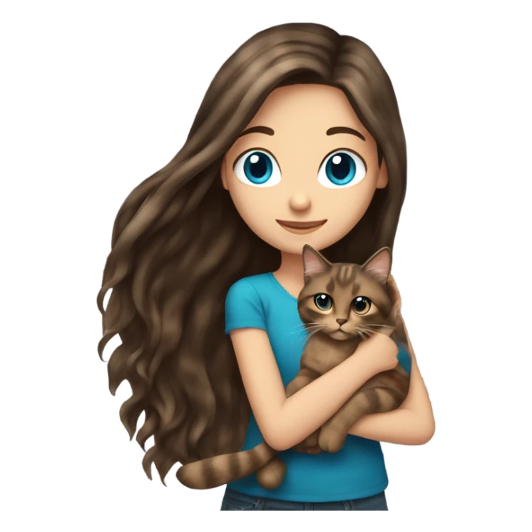 Long haired brunette blue eyed girl holding a long haired tortishell cat sticker