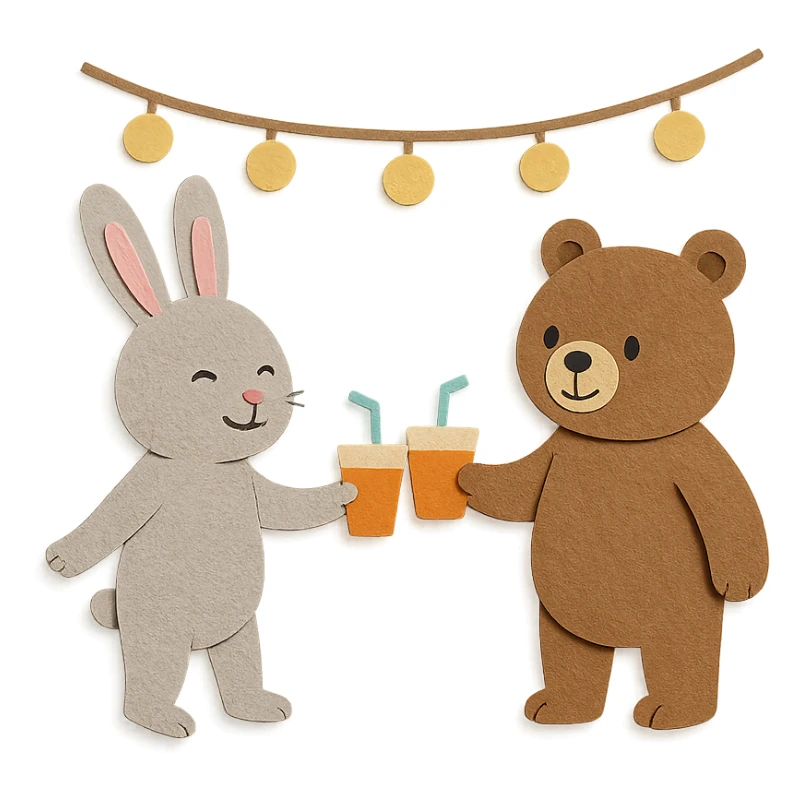 full-body bunny and bear clinking juice cups under string lights, paper-craft style sticker