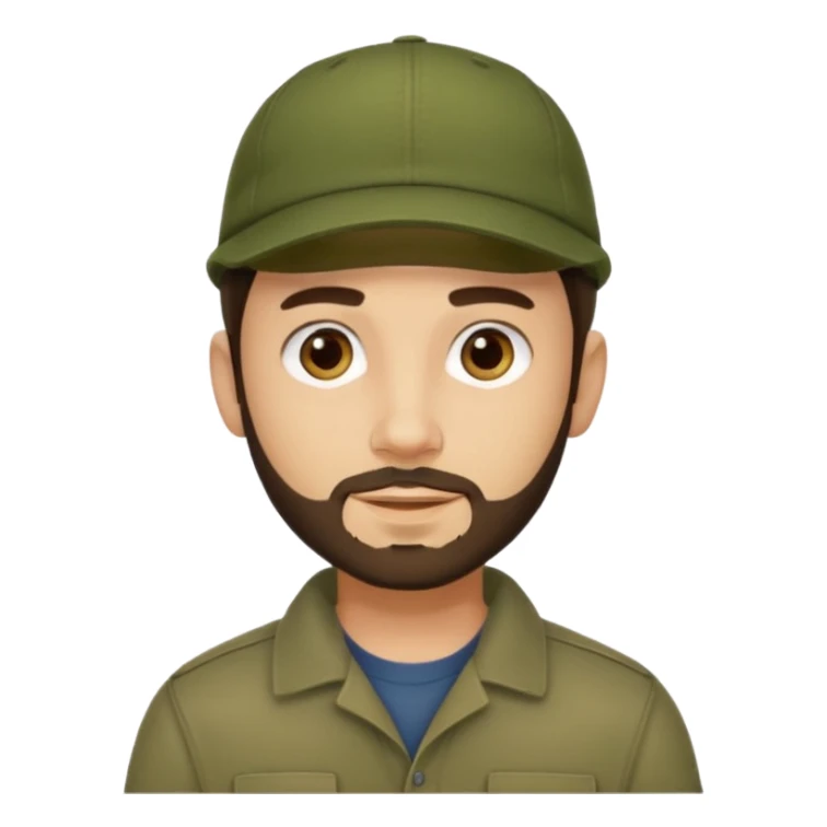 Apple emoji style young man with light skin, short stubble beard, dark eyes, olive green cap, dark brown hair. Clean shapes, soft gradients, friendly expression. sticker