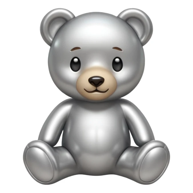 A cute teddy bear emoji made of liquid silver chrome, smooth rounded body, glossy metallic surface, soft reflections, friendly proportions, iOS emoji style, centered, clean white background sticker