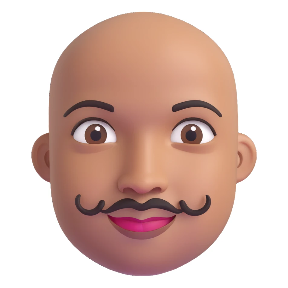 Oxumarê as a very happy smiling 37-year-old bald Black man with smooth oval head, indigenous facial features, mustache with goatee (no hair on sides of face), contour from chin to lips, and a beauty mark on left side below lip, Memoji style sticker