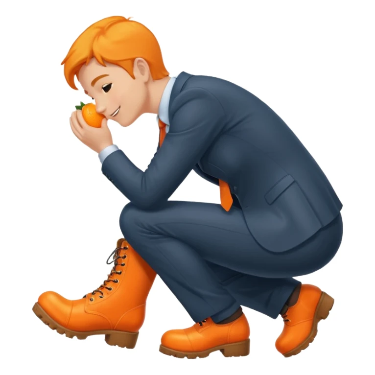 Office worker kneeling and kissing a large orange boot sticker