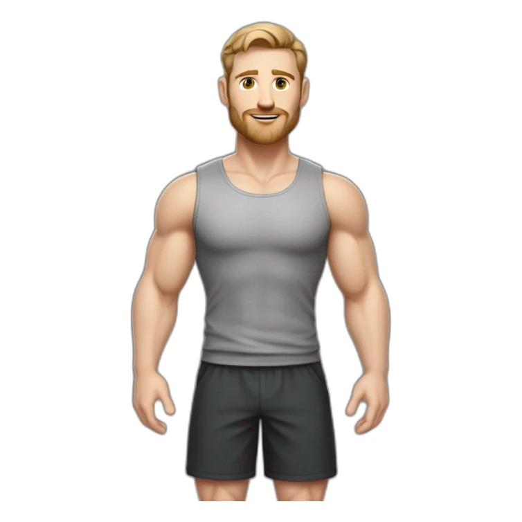 Full height Pale skinned fit man With biceps, Realistic eyes and mouth, light brown hair and stubble In dark gray sleeveless mike, black oversize sports shorts, watch and white sneakers. sticker
