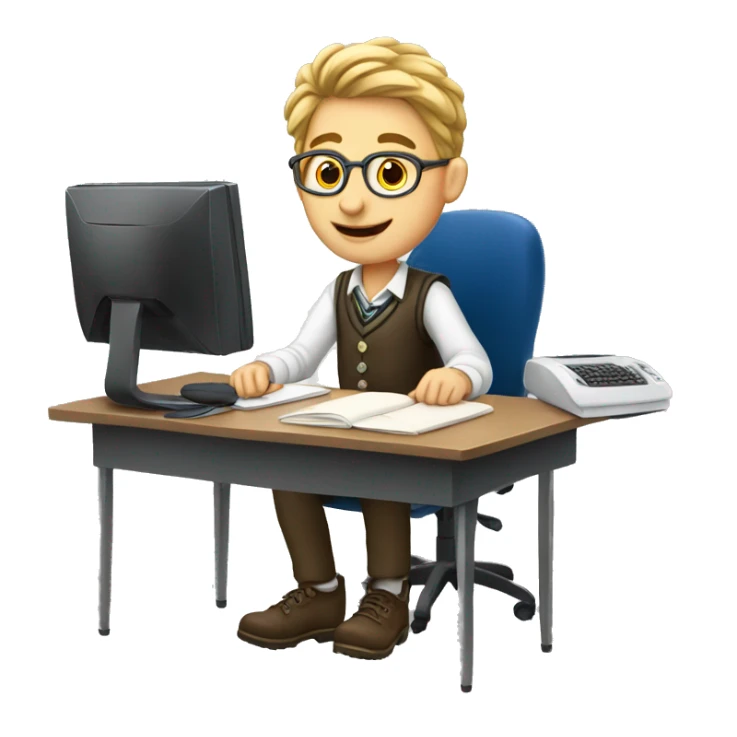 European schoolboy sitting at desk,  computer on desk sticker