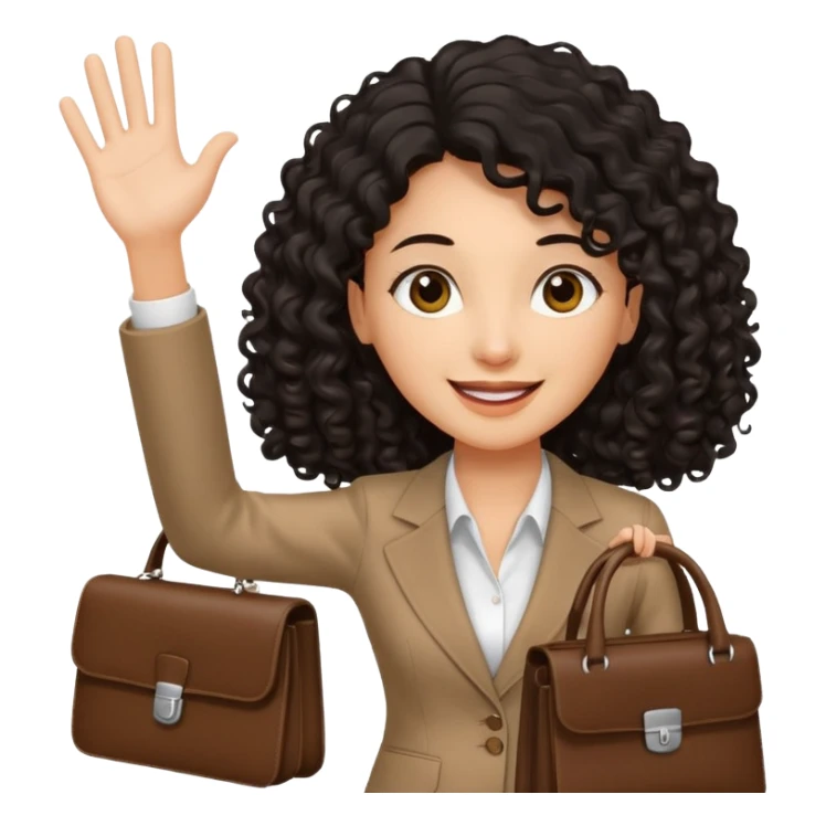 medium deep tan brown business woman with long black curly hair, waving hand with happy face and holding a close laptop and carrying a bag on her dhoulder sticker