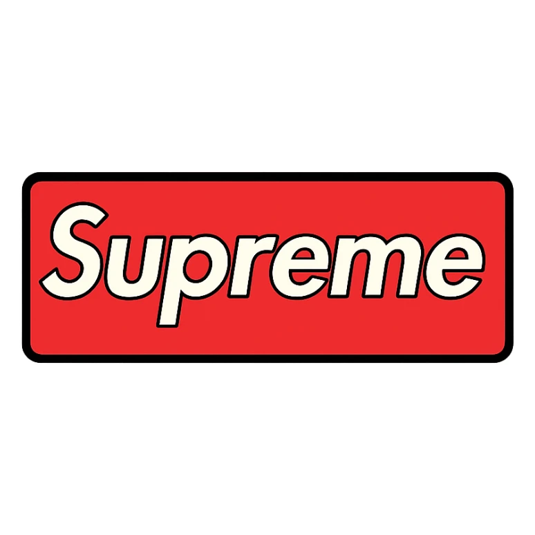 Supreme logo with bold white text on a red box, minimalistic streetwear logo, clean and modern sticker