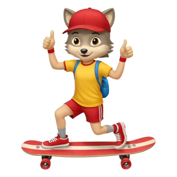 A gray wolf with large, expressive eyes and a friendly smile. The gray wolf is wearing a bright yellow T-shirt, red shorts, white knee socks, and sneakers. The baseball cap is worn backwards. The wolf holds a skateboard in one hand and gives a thumbs-up with the other, a confident and cheerful pose. sticker