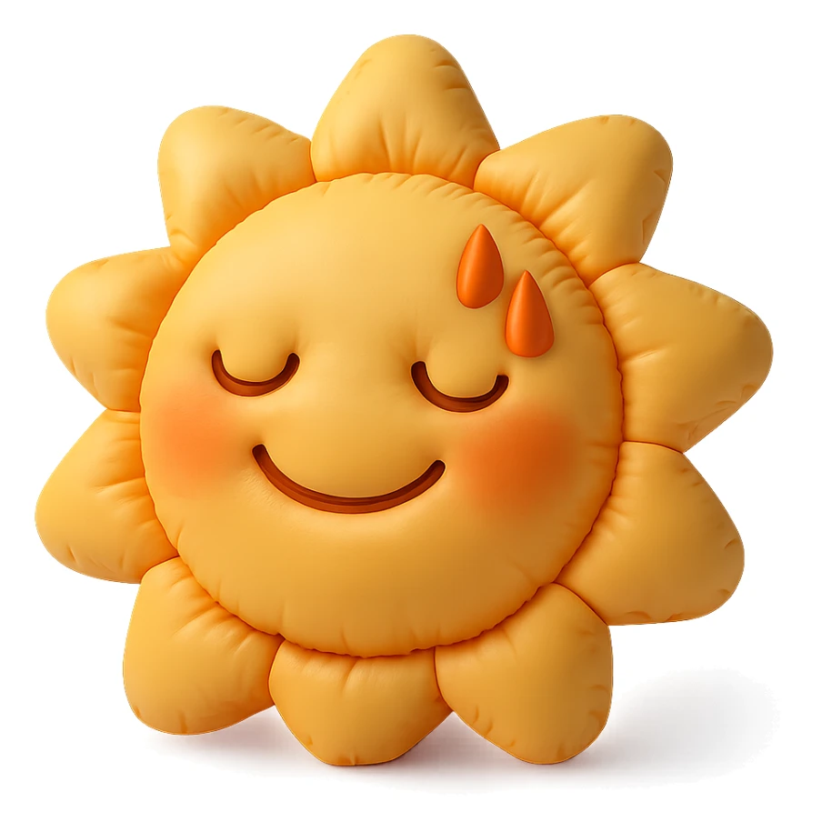 plush face with sweat and sun, hot weather, warm colors, soft cushion style sticker