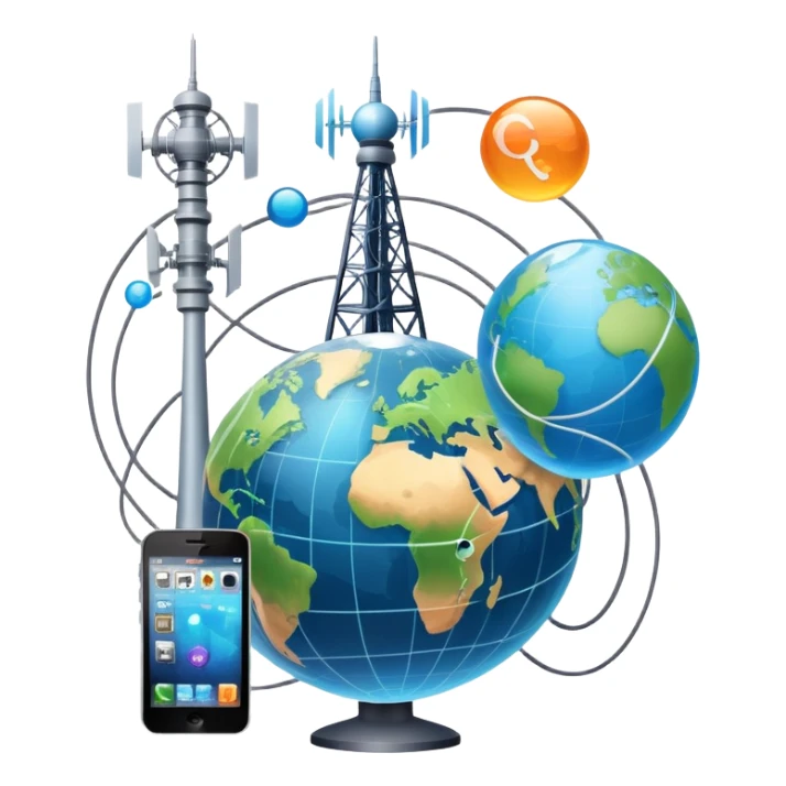 An icon featuring a communication tower with signal waves, satellites in orbit, and fiber optic cables. The design includes a smartphone, message bubbles, and a globe with connection lines, symbolizing global communication networks. Transparent background  sticker