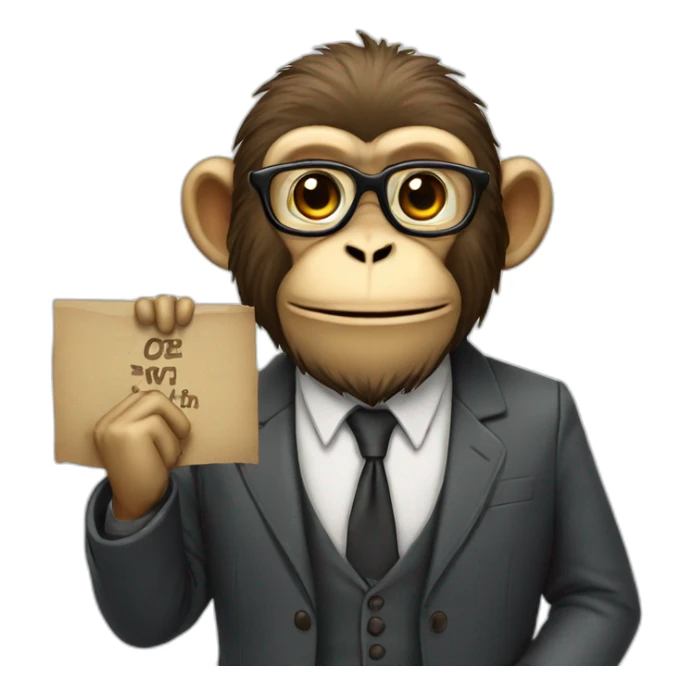 monkey professor with beard and mustache and suit holding a sign with like sticker