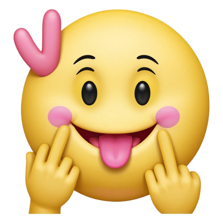 The image is a digital illustration of a yellow smiley face with big, round eyes and a big smile. The face is holding a pink tongue sticking out and making a 67 with its fingers. Above the face, The background is white. sticker