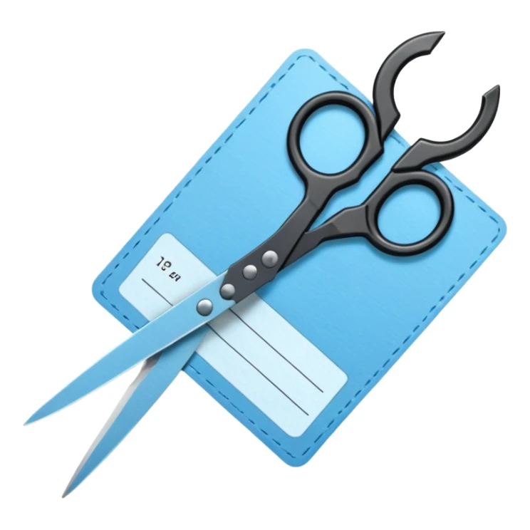 Floating black Scissors cutting a light blue military ID card in 2 parts .hyper realistic sticker