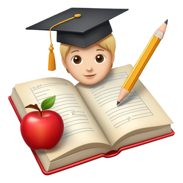 An icon featuring an open book, a chalkboard with lesson plans, and a pencil, symbolizing education and pedagogy. The design includes an apple and a graduation cap, representing teaching and learning. Transparent background highlights the growth and development in education. sticker