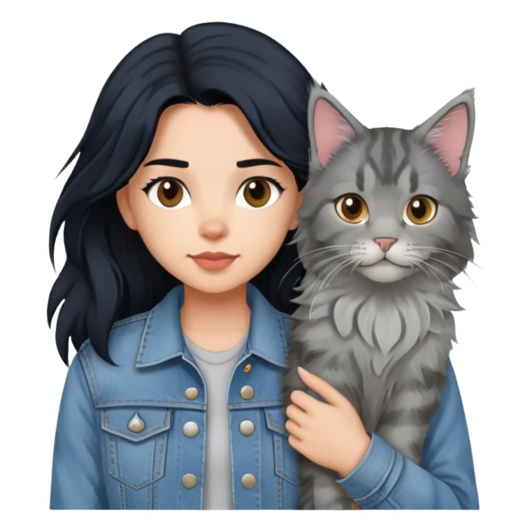 girl with black hair wearing denim jacket with gray maine coon cat sticker