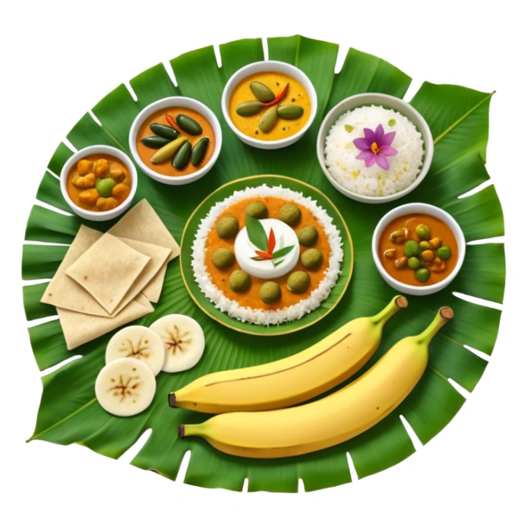 Kerala Sadhya traditional South Indian feast served on a banana leaf with rice, curries, pickles, papadam, and payasam, vibrant and festive, top-down view sticker