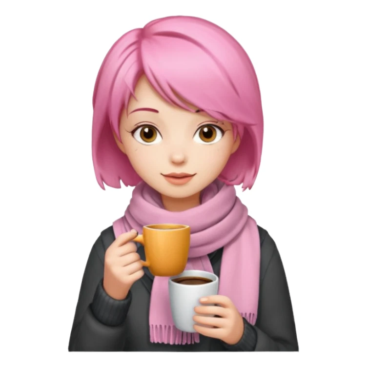 a girl with pink short layer hair, having scarf,  drink coffee, enjoy sticker