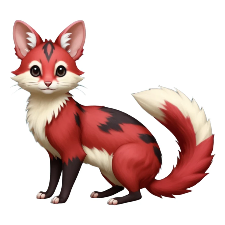 Crimson-Red, black-pointed, soft natural realistic romantic vintage antique divine beautiful elegant pretty precious cute young youthful  Fakémon-Pokémon-opossum-feline-mouse-serval-caracal-chinchilla-Minccino-Cinccino-Meowstic-rodent-hybrid-creature with a big fluffy bushy tail (full body) sticker